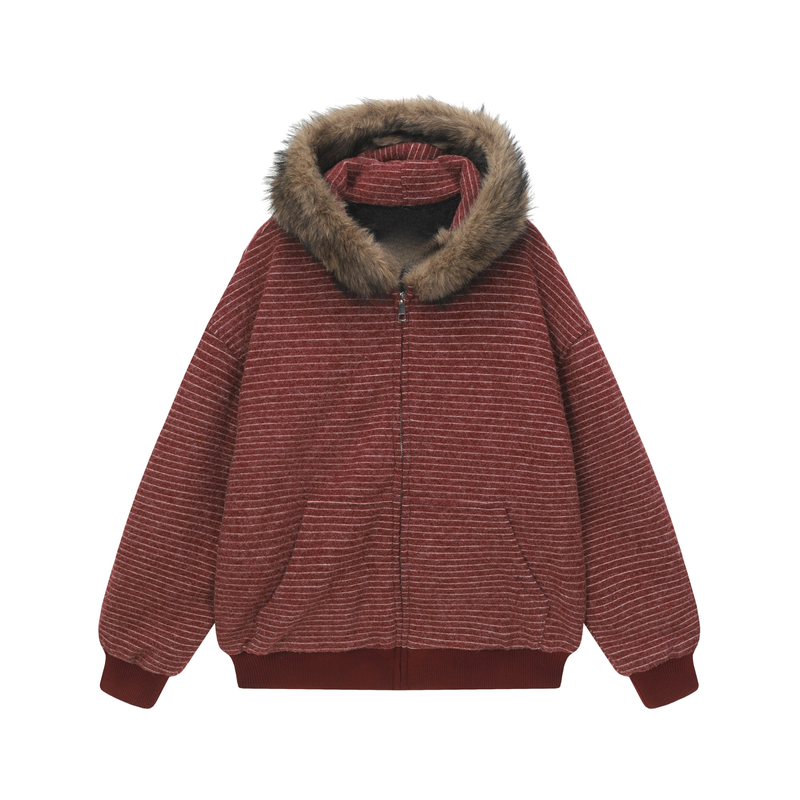 Striped Faux Fur-Lined Zip-Up Hooded Jacket | Omirad