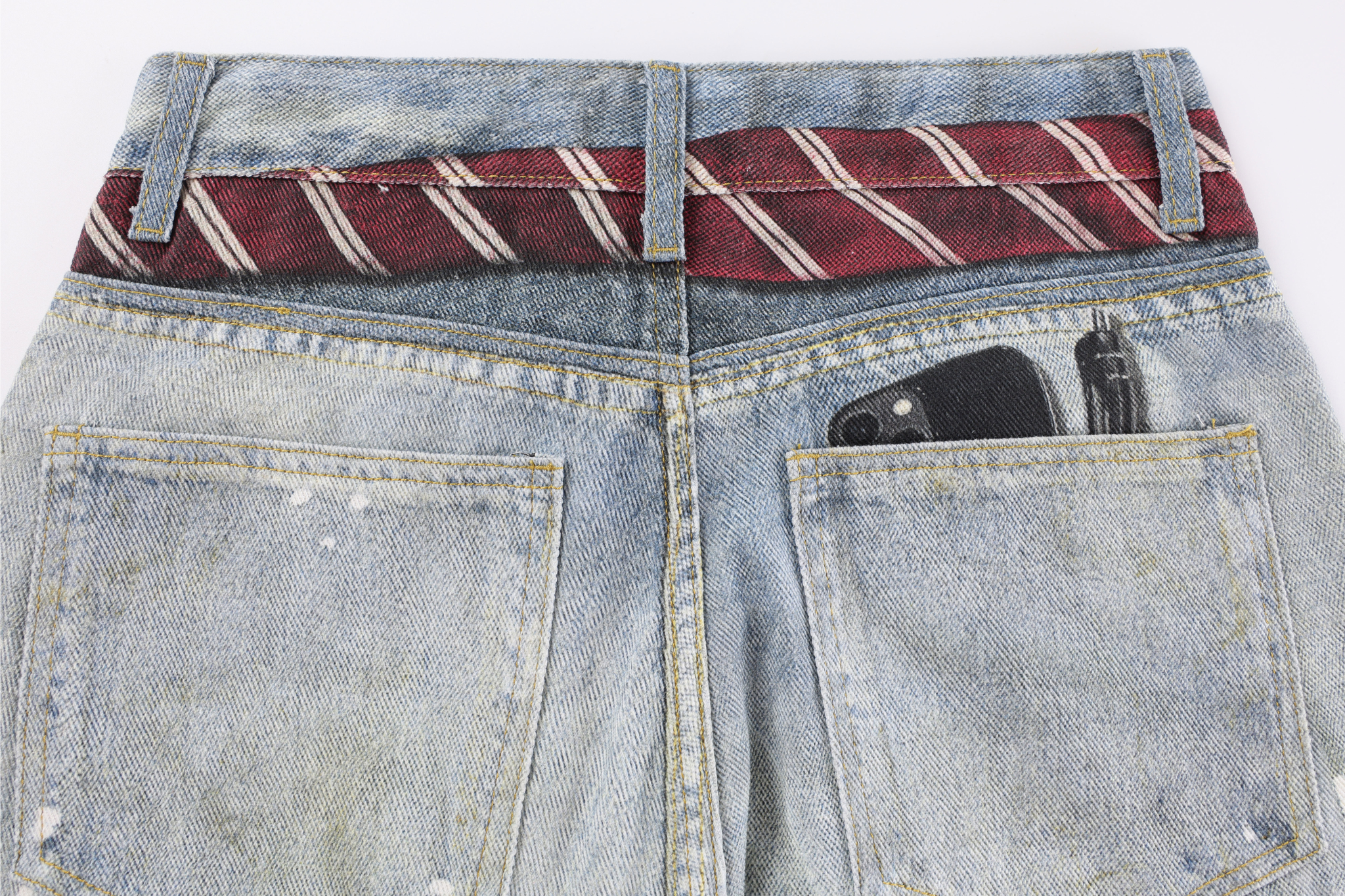 Distressed Barrel Leg Jeans with Tie Belt & Keychain Detail