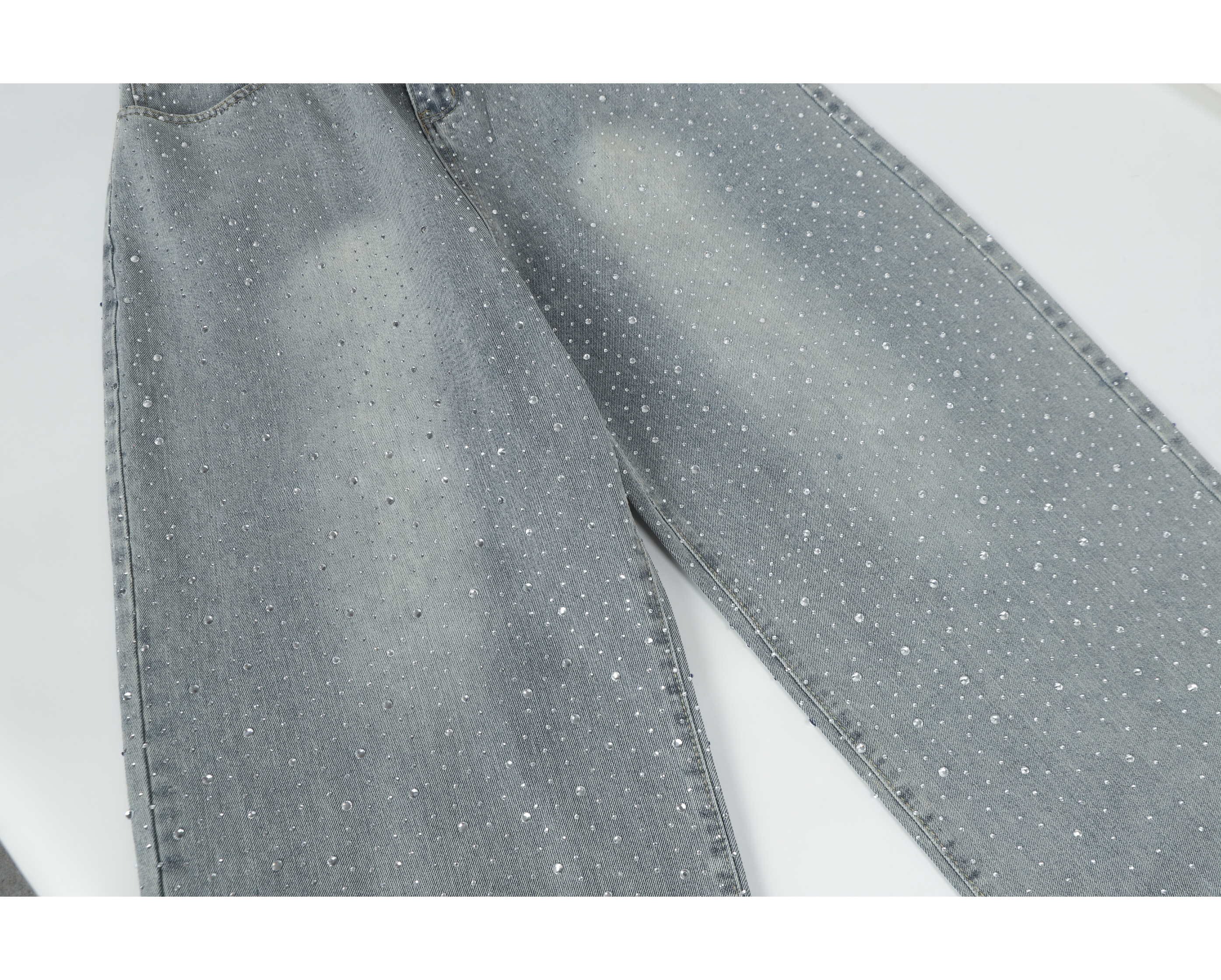 Light-Wash Rhinestone Wide-Leg Jeans | Oversized Stacked Denim