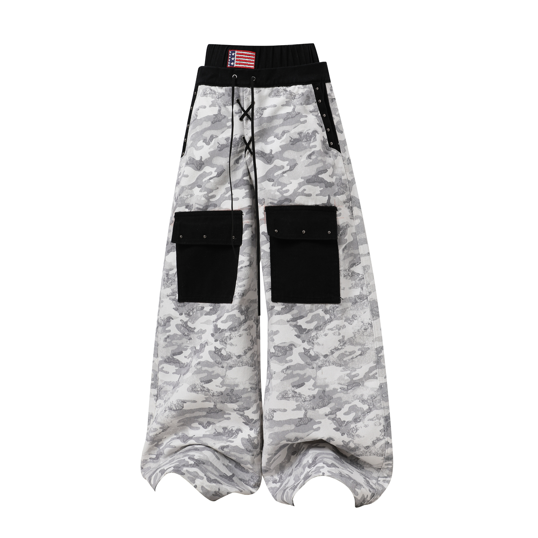 Camo Patchwork Cargo Pants | Curved Wide-Leg Streetwear
