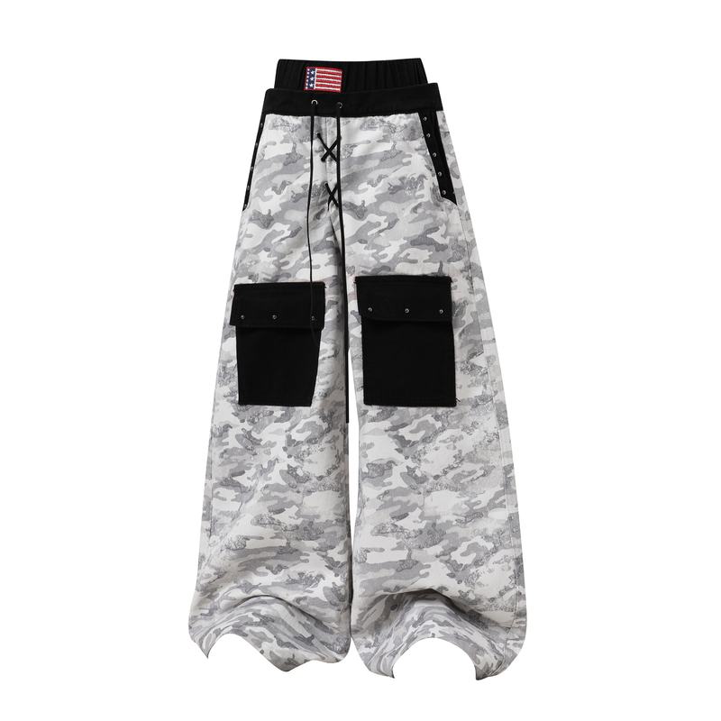 Camo Patchwork Cargo Pants | Curved Wide-Leg Streetwear