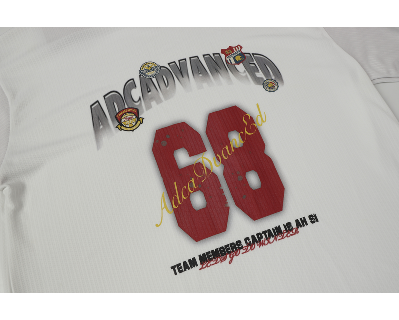 Close-up of front jersey graphic showing the 68 print on white mesh fabric