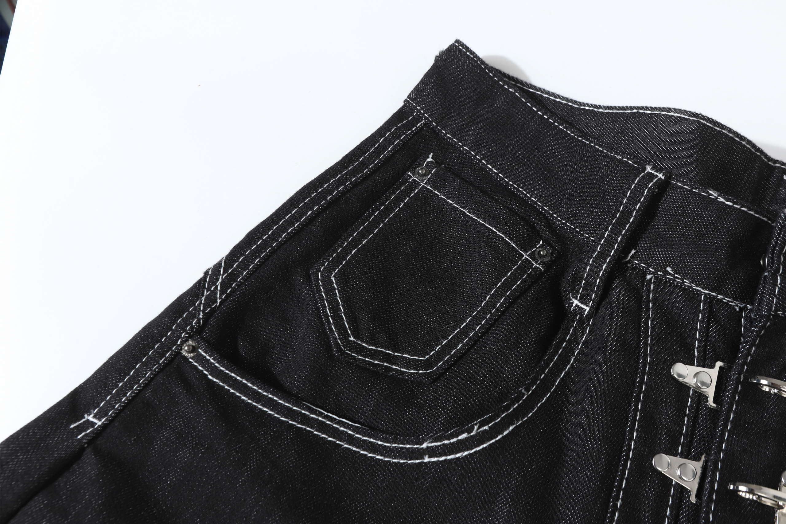 Wide-Leg Black Denim Pants with Metal Buckle Closure