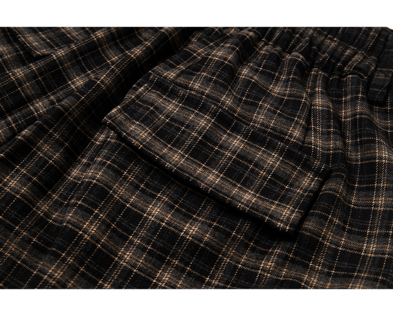 Close-up of plaid cargo pocket flap on the shorts