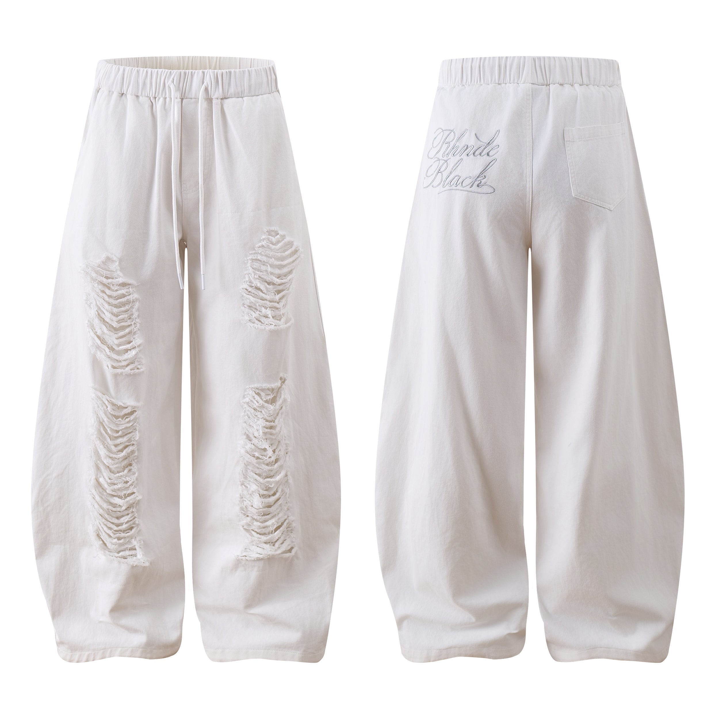 White distressed wide-leg pants with heavy front shredding, elastic drawstring waist, shown front and back on white backgroun