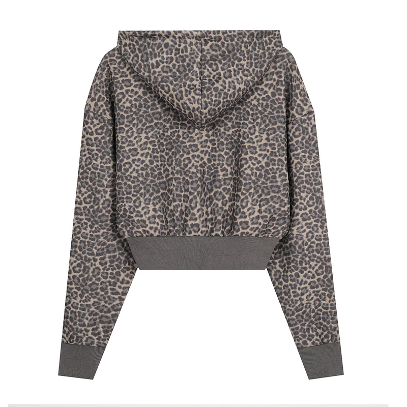 Back view of leopard print cropped hoodie with heather gray ribbed hem and cuffs