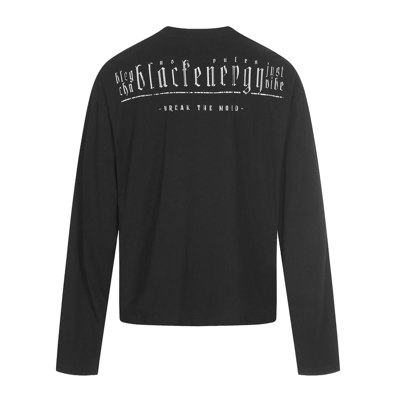 Black long sleeve henley tee back view with large white graphic text