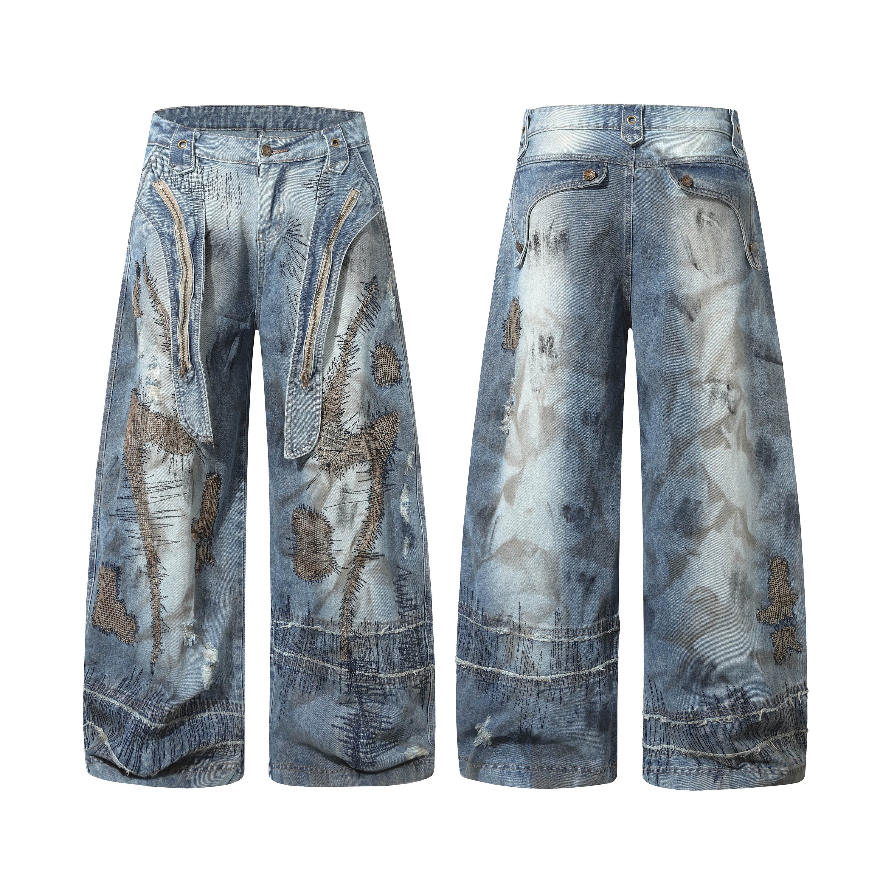 Front and back view of wide-leg distressed patchwork denim pants with exposed zippers, burlap patches, and heavy fade wash