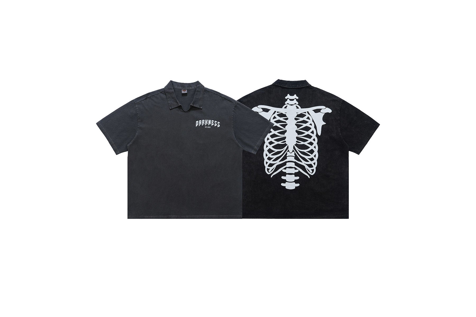 Front and back view of Omirad Darkness Spine washed black polo shirt with skeleton ribcage back graphic