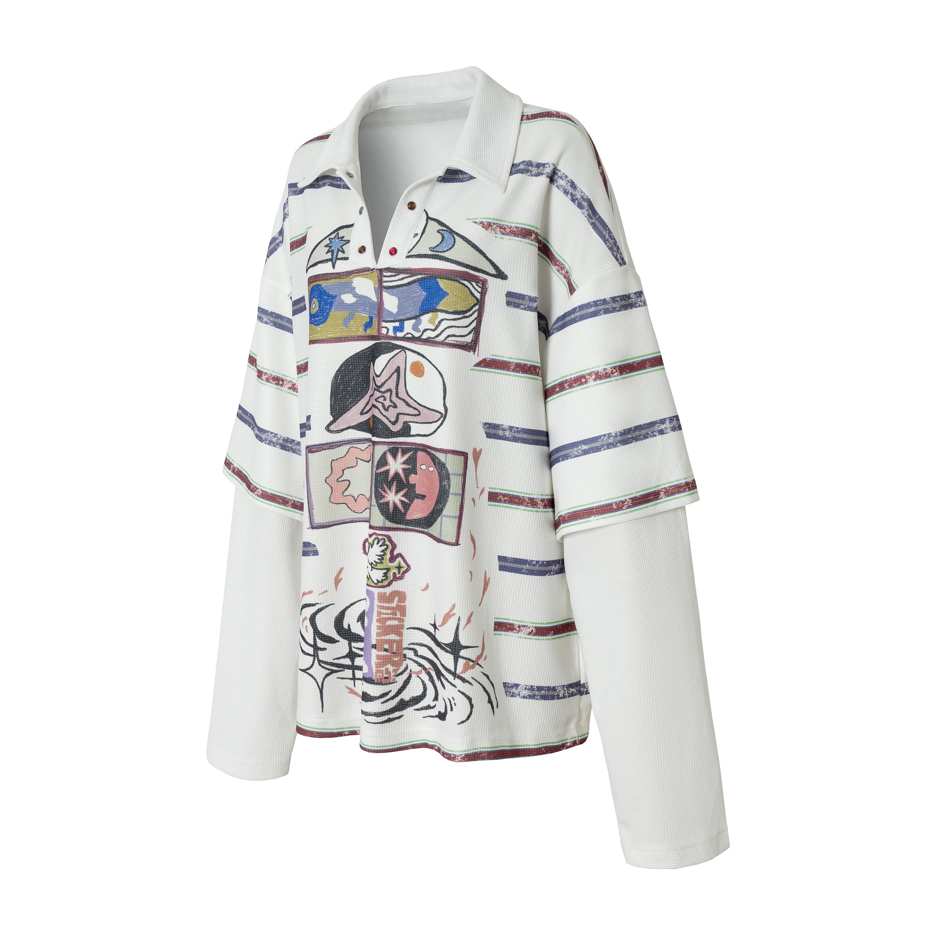 Abstract Graphic Stripe Long-Sleeve Polo Shirt | Streetwear