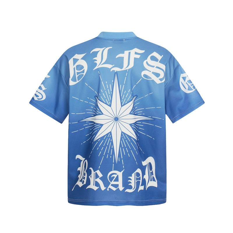 Blue mesh streetwear football jersey with a large white starburst graphic and Gothic-style lettering on the back