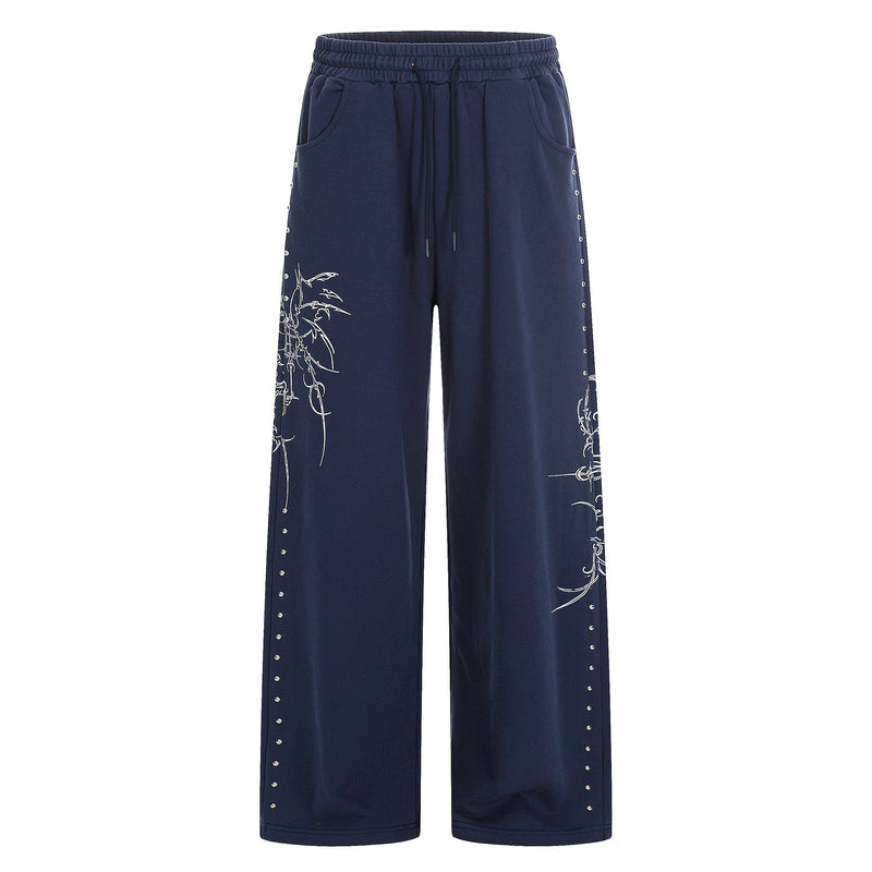 Gothic Line Graphic Wide-Leg Sweatpants with Side Rivets