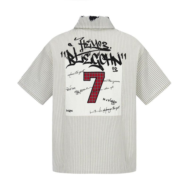 White pinstripe streetwear button-up shirt with graffiti graphic and red plaid number 7 patch on the back