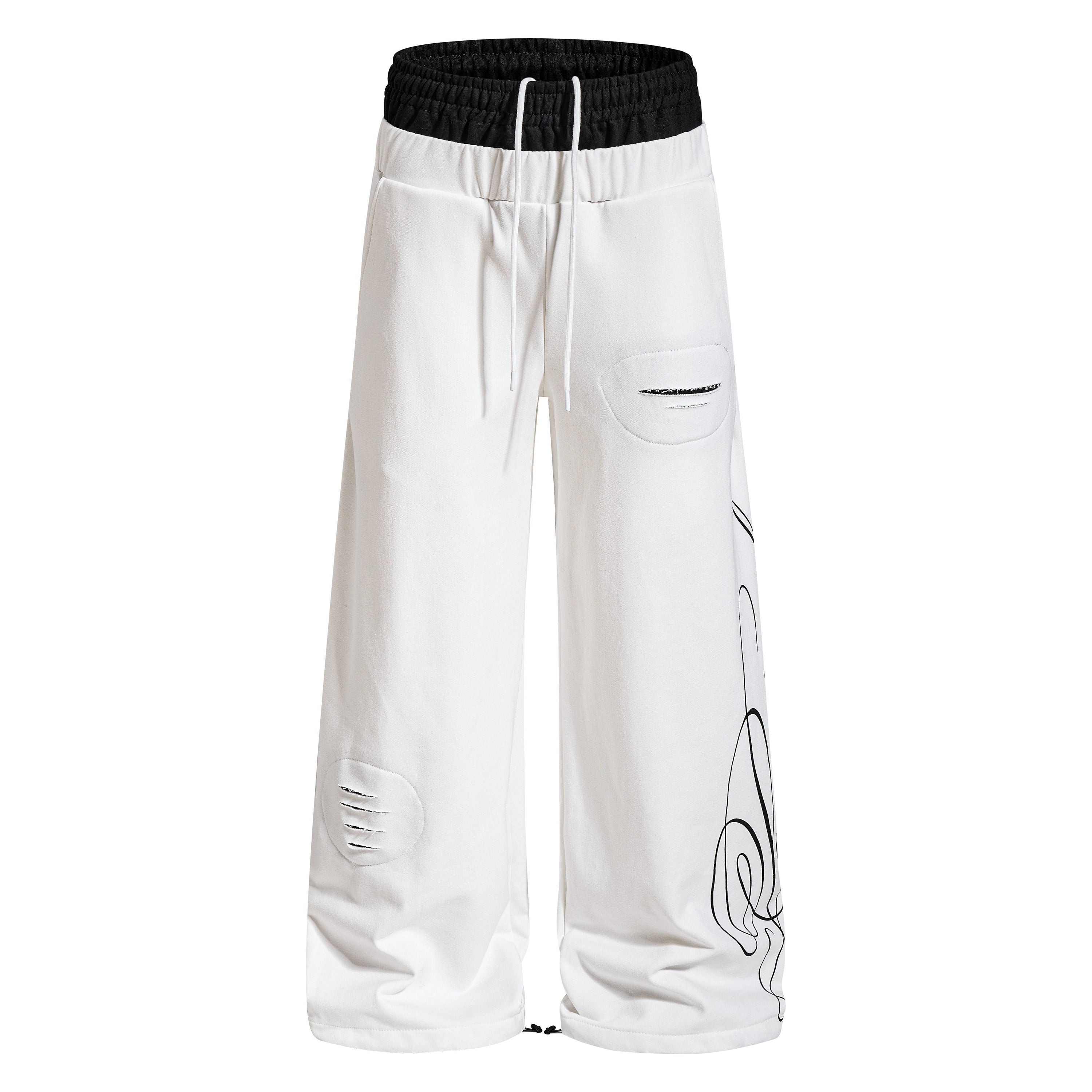 Distressed Wide-Leg Sweatpants with Contrast Waistband