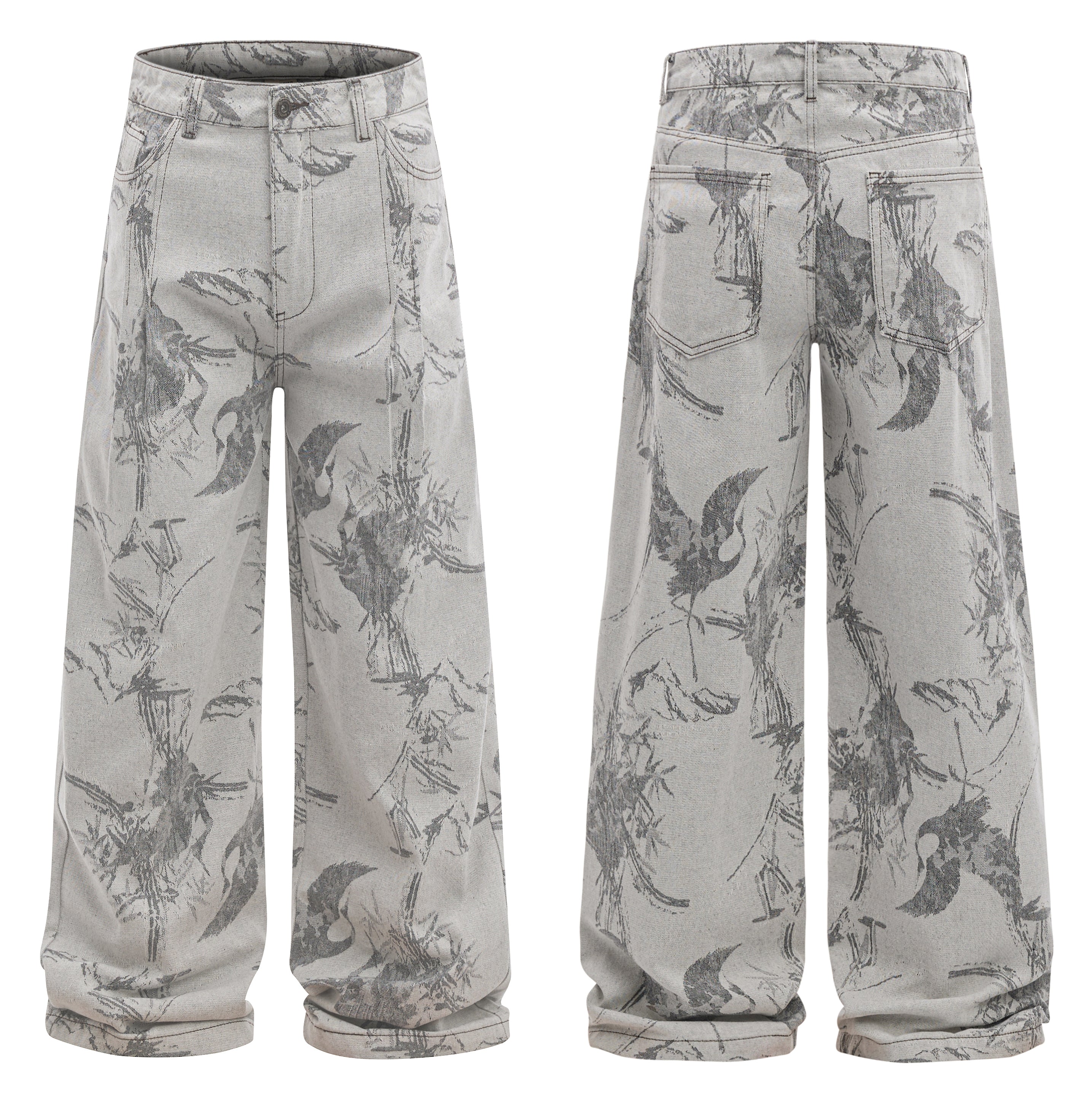 Front and back view of grey wide-leg pants with abstract ink-wash crane and brushstroke print