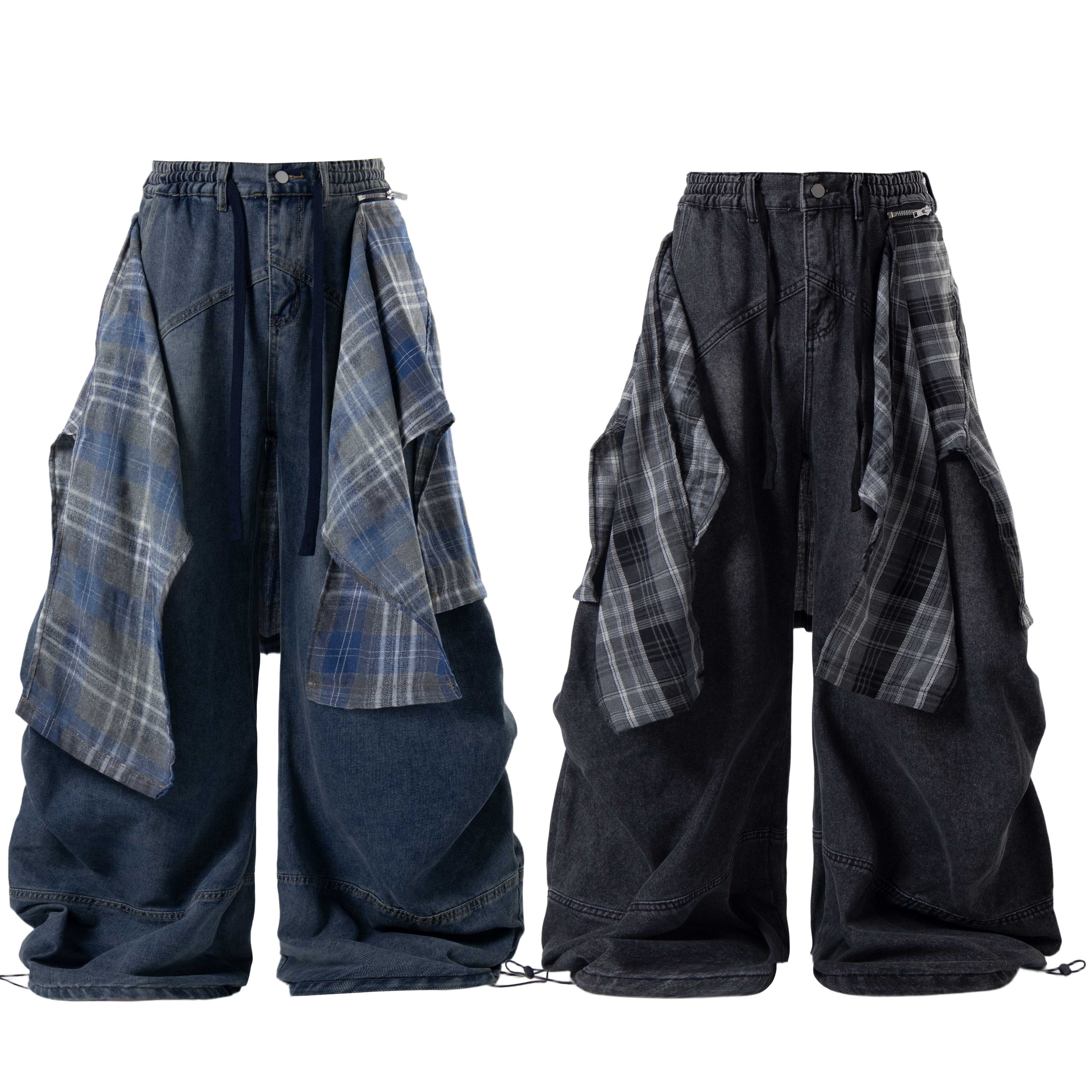Omirad Layered Plaid Baggy Jeans | Y2K Wide-Leg Denim