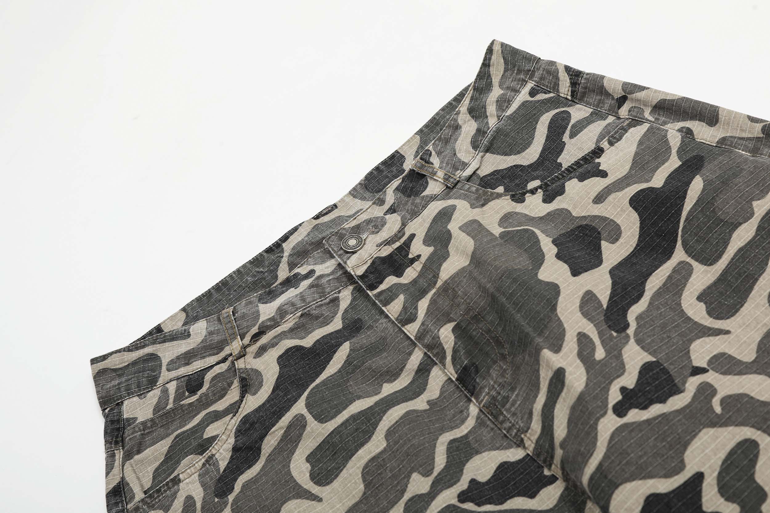 Grey Camo Barrel Pants | Wide-Leg Ripstop Cotton Trousers