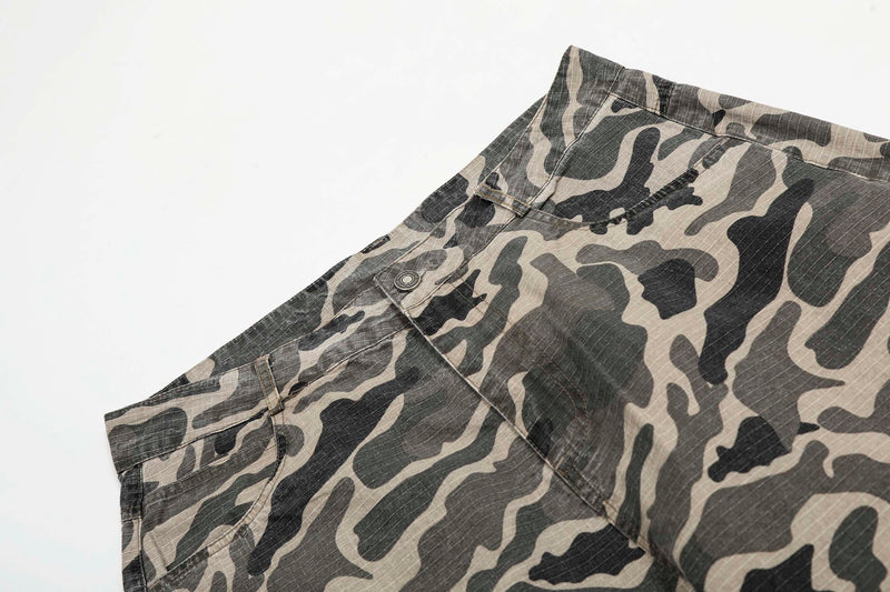 Grey Camo Barrel Pants | Wide-Leg Ripstop Cotton Trousers