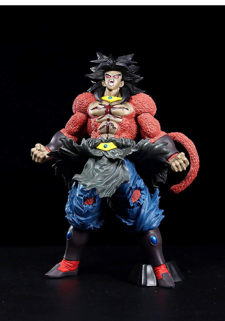 The Seakoff Super Saiyan Broly Collectible Figure stands 33cm tall, showcasing a muscular character with long, spiky black hair and red fur on his arms and tail. Wearing torn blue pants and red wristbands, it strikes an aggressive pose against a black background, reminiscent of Dragon Ball Z.