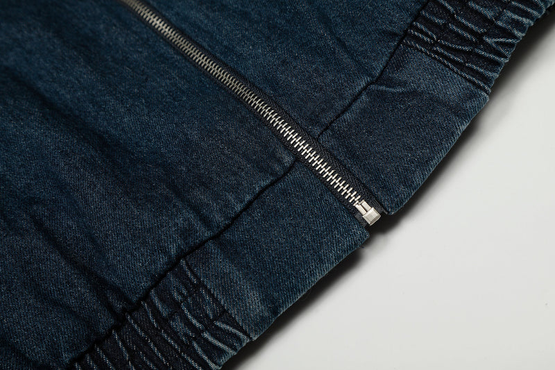 Detachable Fur-Collar Denim Bomber Jacket | Deep Indigo & Washed Black