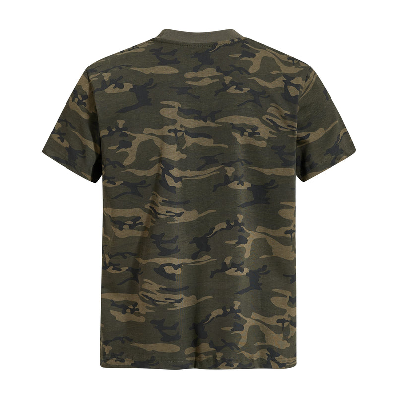 Olive camo short-sleeve graphic T-shirt with Artskate Artpark streetwear style on a plain white background