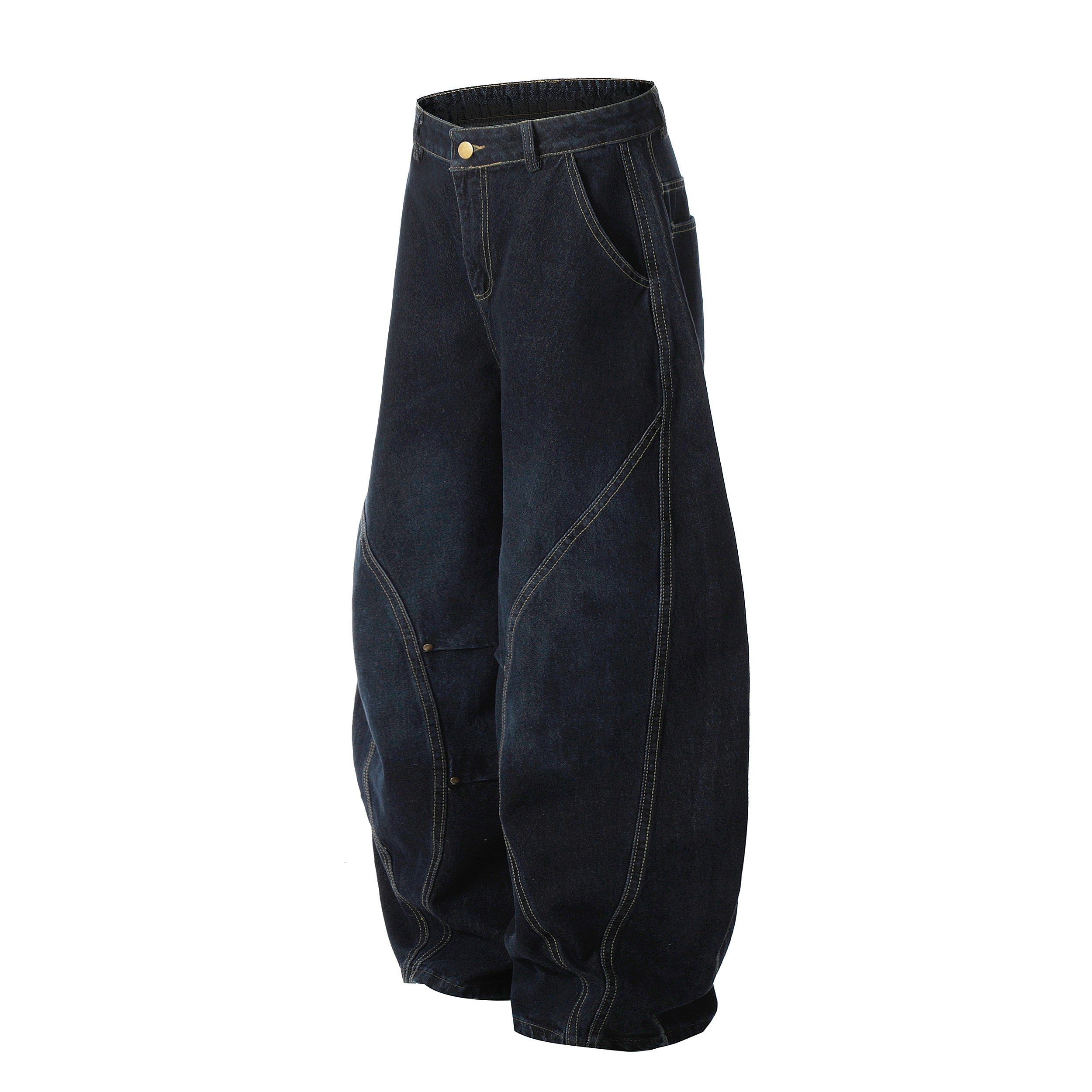 Curved-Panel Barrel Denim Pants | Wide Leg Street Jeans