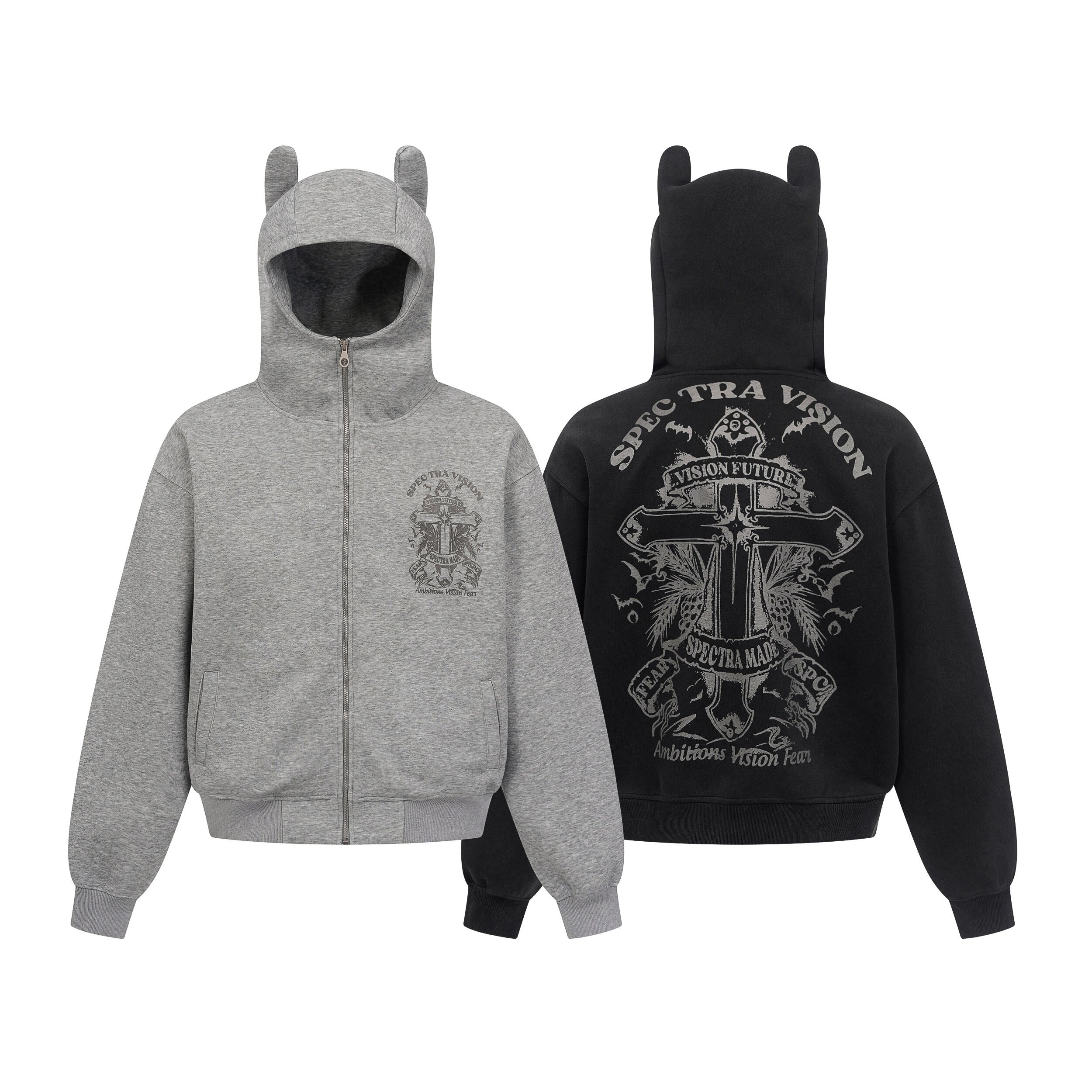 Front and back view of devil-horn zip hoodie in heather grey and black with gothic crest graphic print