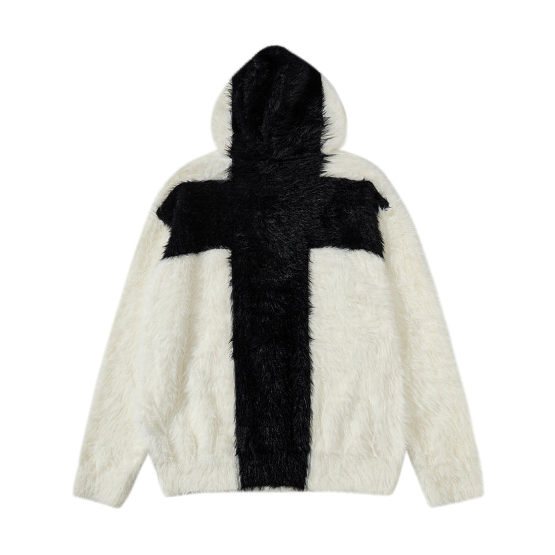 White and black fuzzy zip hoodie, back view with cross design