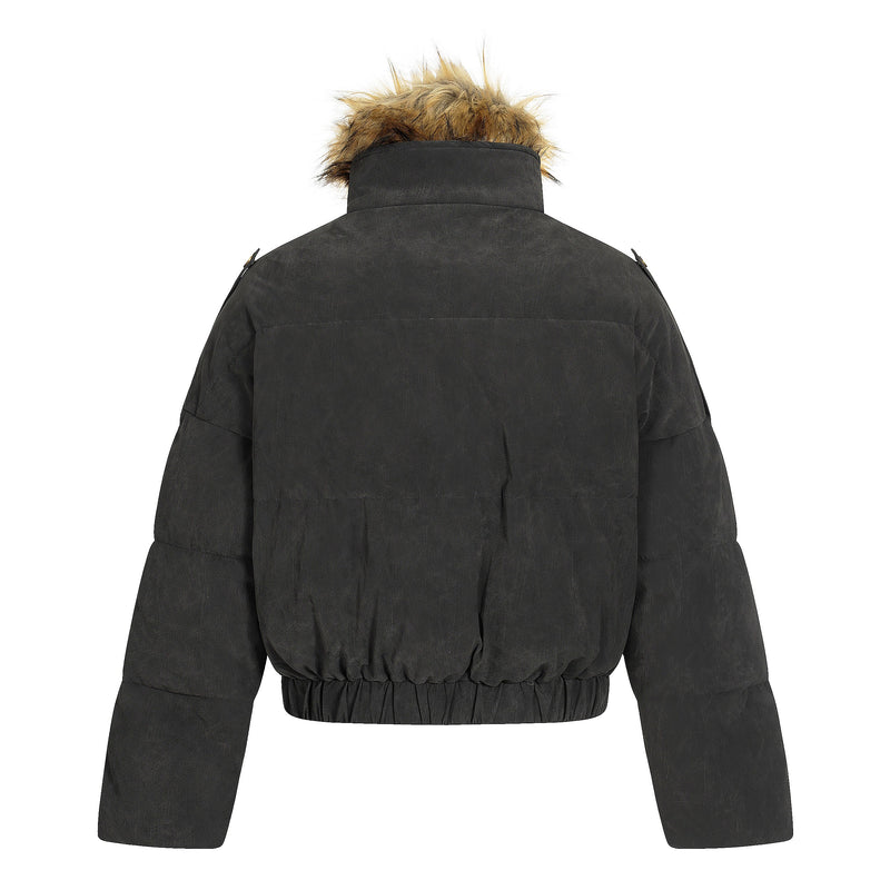Detachable Faux Fur Collar PU Puffer Jacket | Cropped