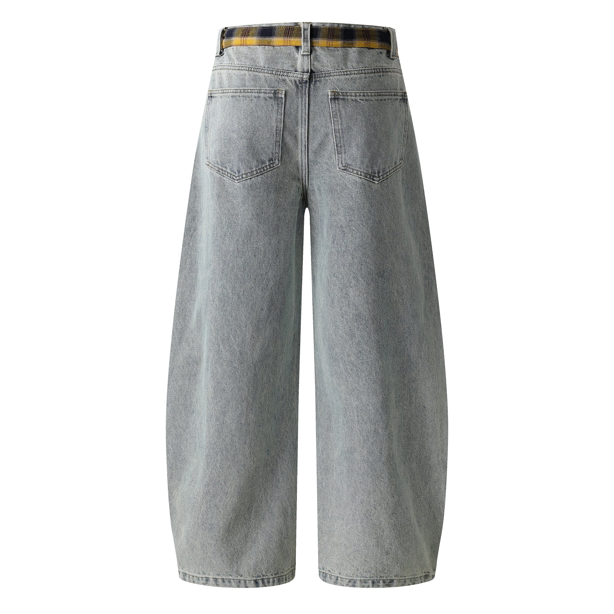 Embroidered Wide-Leg Jeans with Detachable Plaid Belt