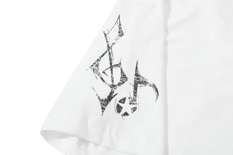 White distressed polo shirt with black skatepark crew graphic print on the sleeve, featuring a worn streetwear look