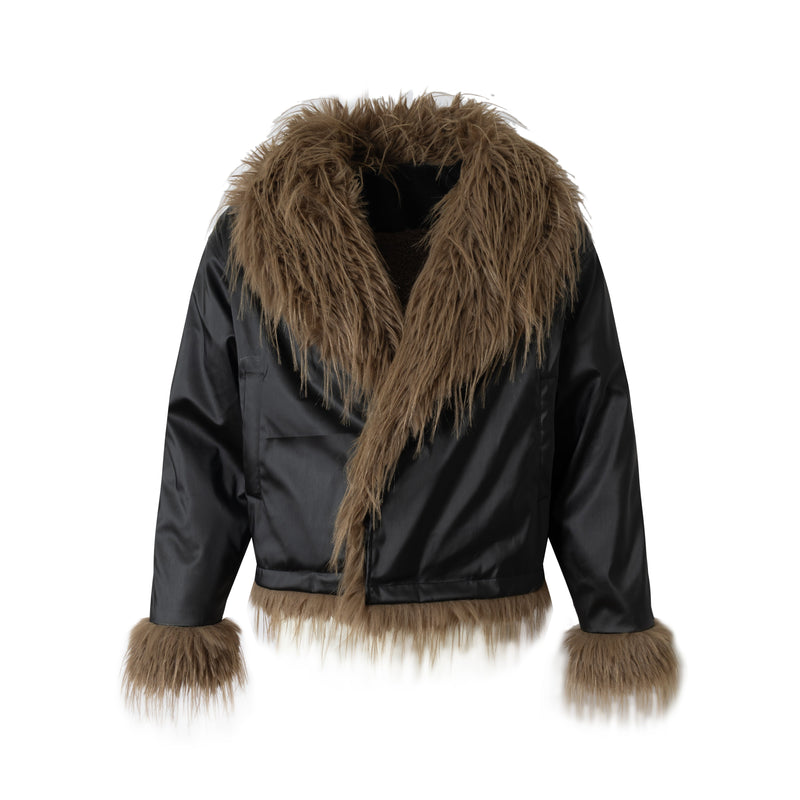 Omirad Faux-Leather Fur Trim Cropped Bomber Jacket