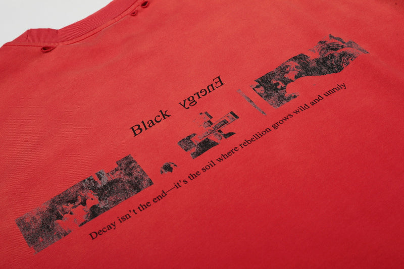 Vintage red graphic tee with distressed black print and rebellious text detail on the front￼