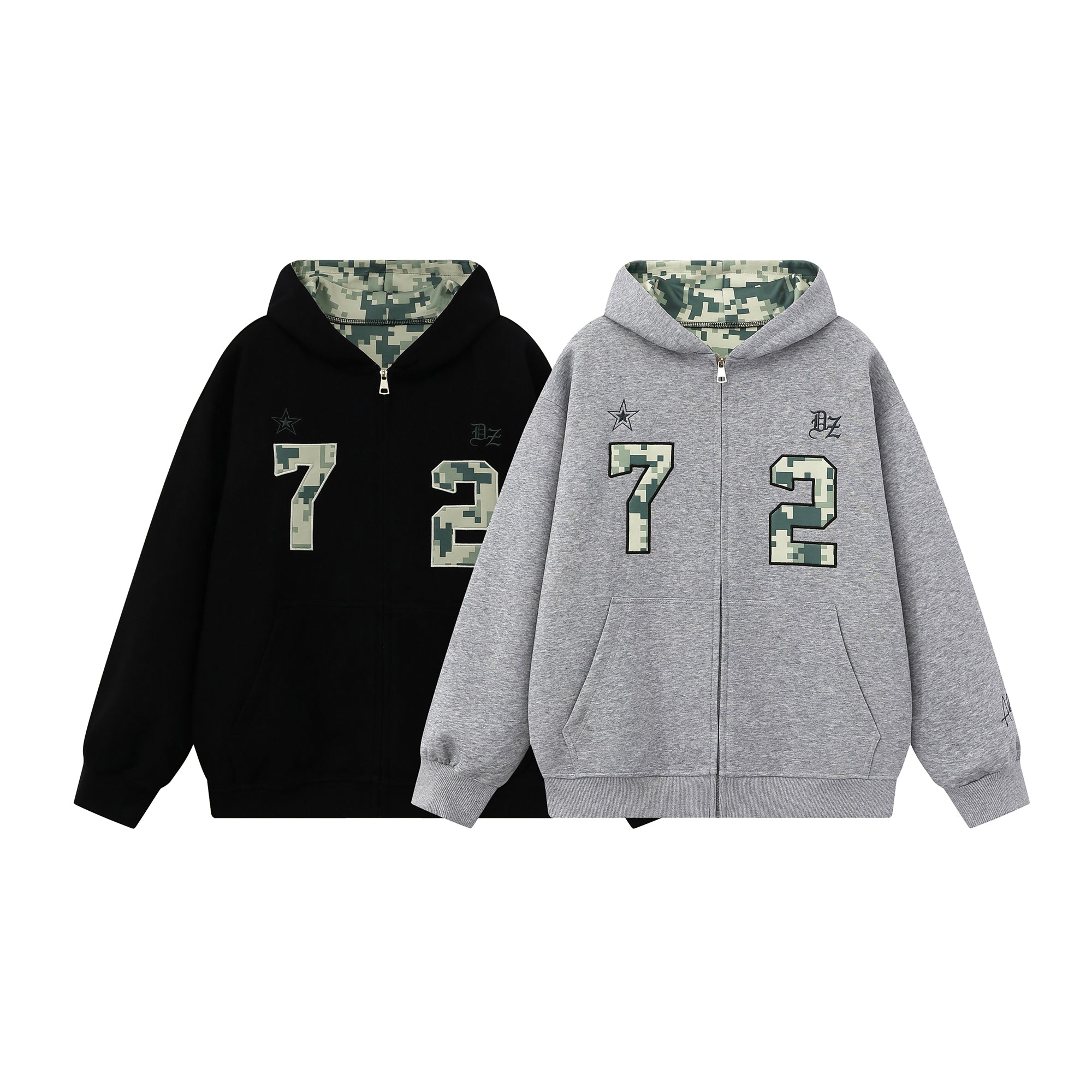 Grey and black camo varsity zip-up hoodies with digital camouflage number 72 graphics and contrast hood lining