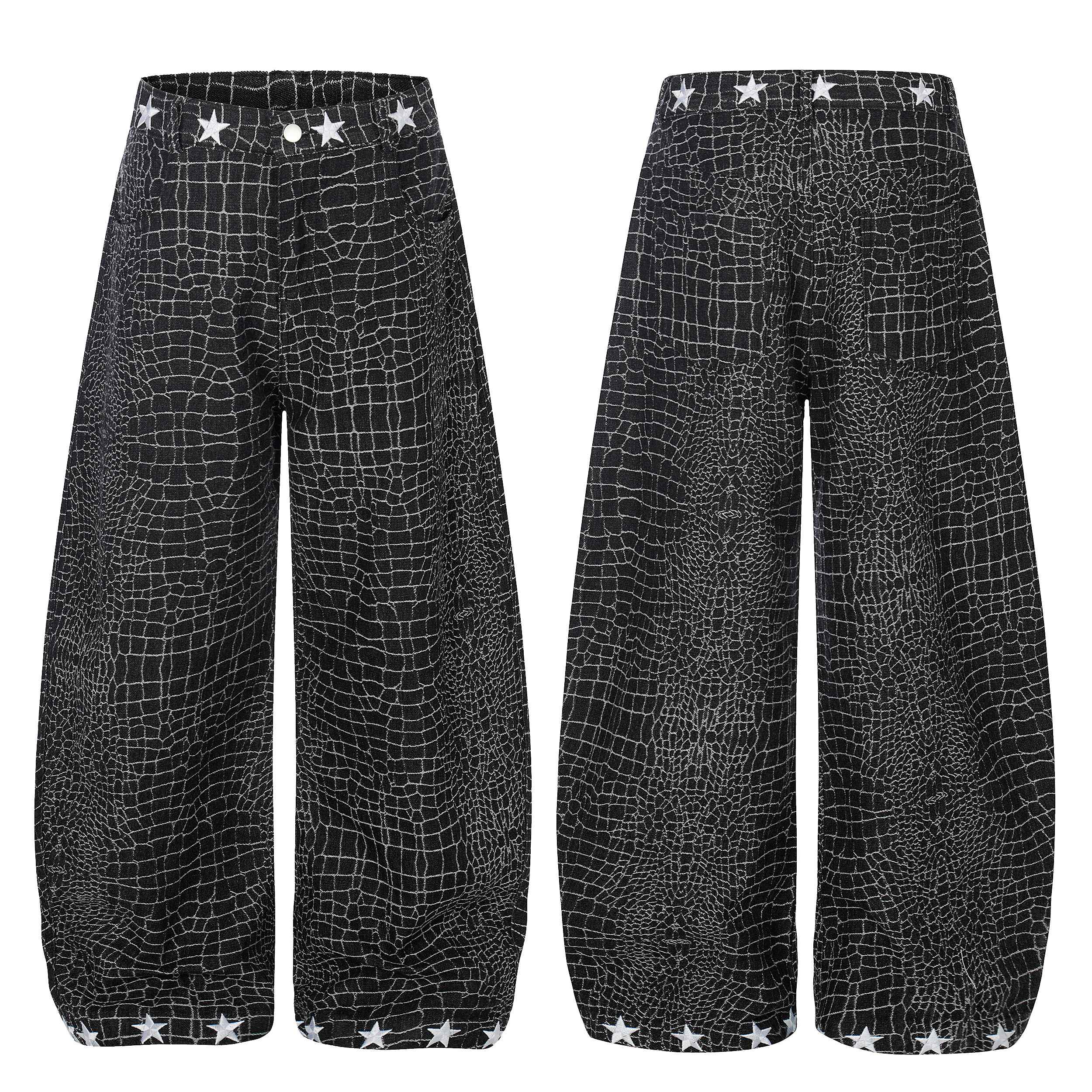 Front and back view of black wide-leg balloon pants with crocodile texture print and white star embroidery at waistband and h