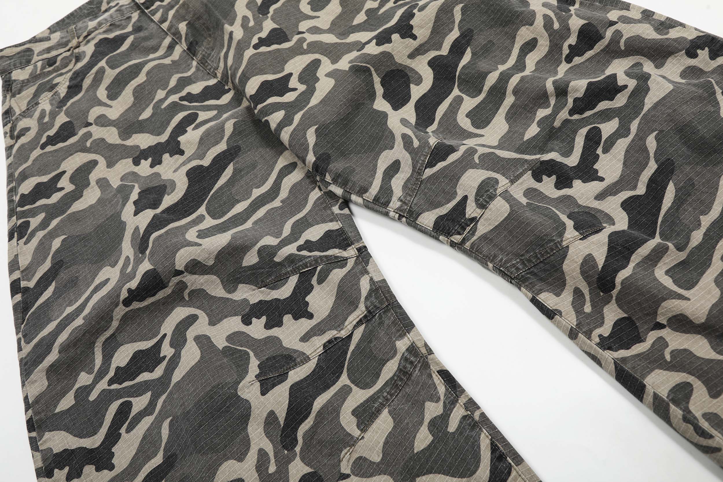 Grey Camo Barrel Pants | Wide-Leg Ripstop Cotton Trousers