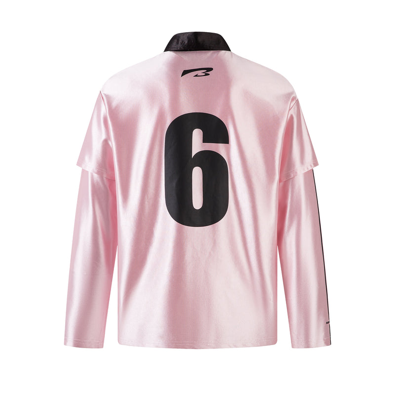 Back of pink long-sleeve jersey with large black number 6 and black collar