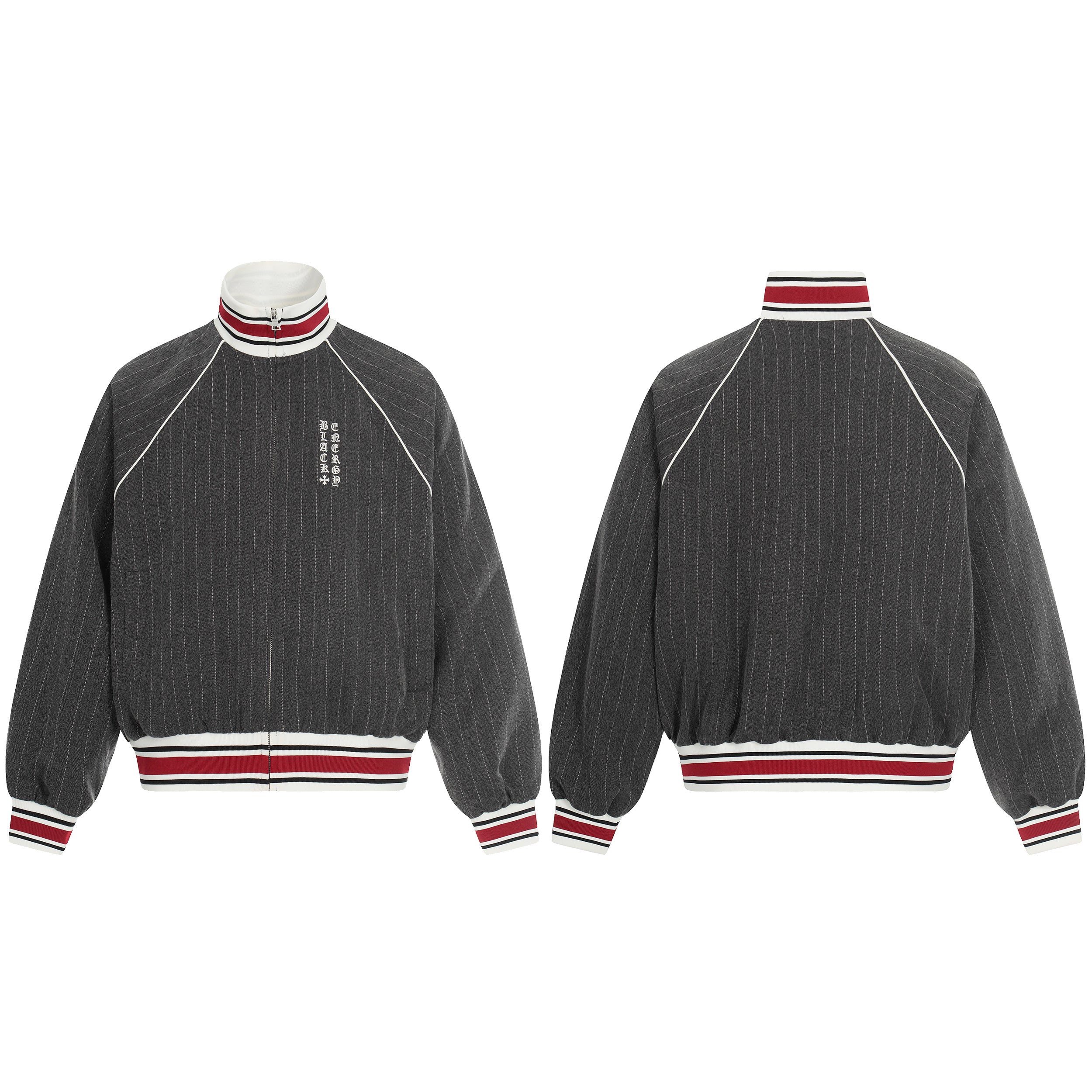 Charcoal grey pinstripe track zip jacket with red and white striped ribbed collar, cuffs, and hem, shown front and back