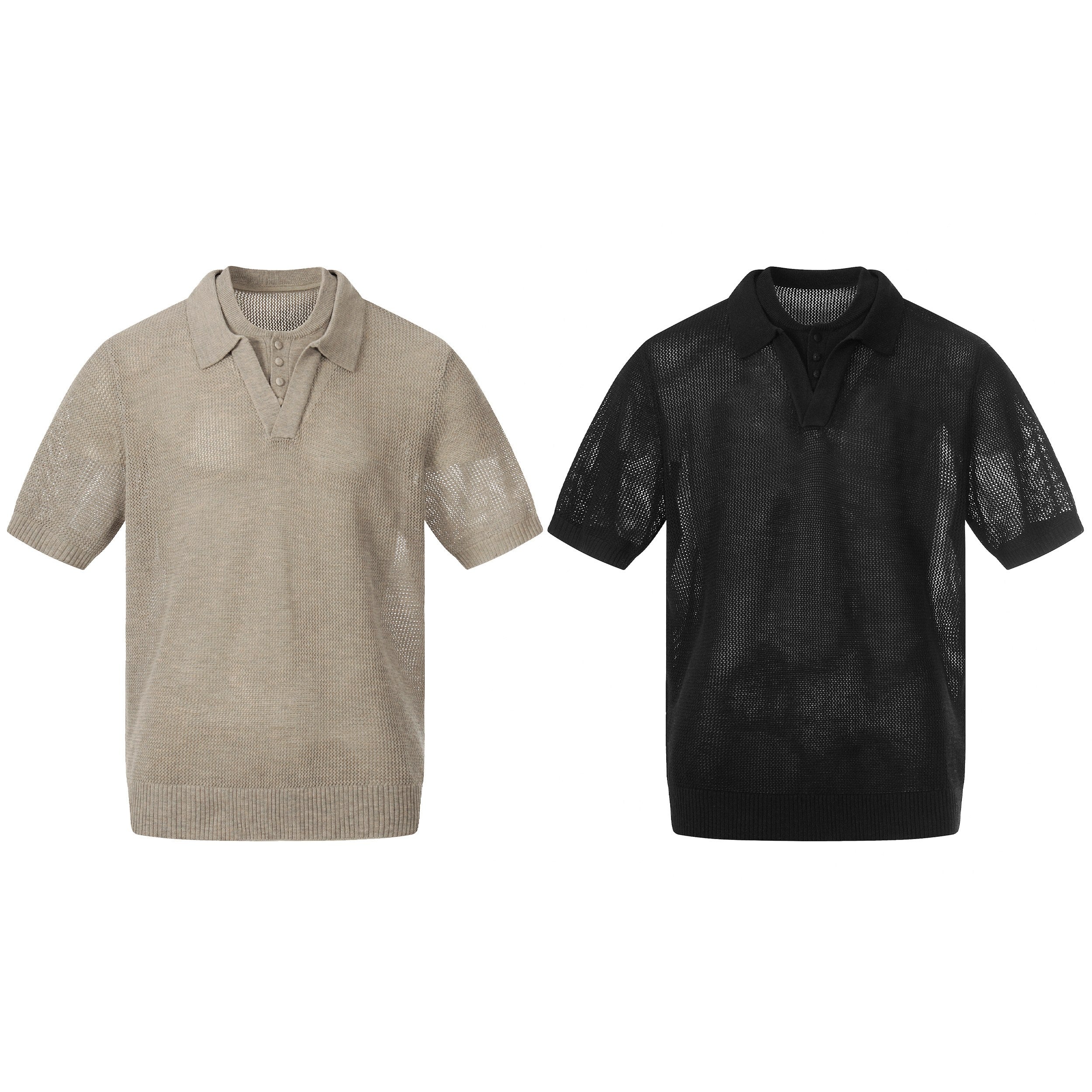 Men's open-knit cotton polo shirt in sand beige and black, short sleeve with button placket and ribbed hem