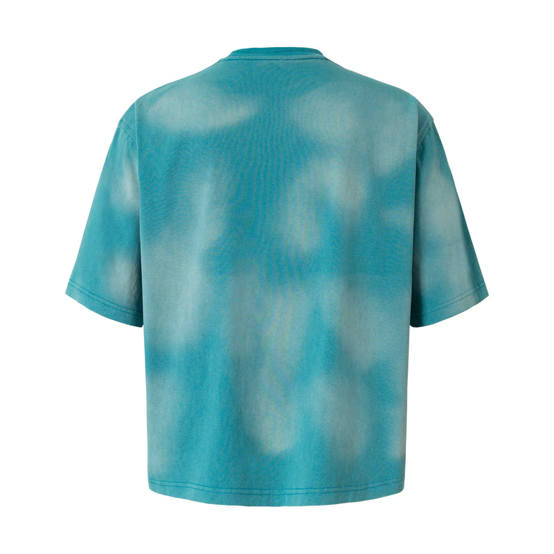 Teal washed T-shirt with abstract cloudy tie-dye effect and relaxed vintage streetwear fit, back view