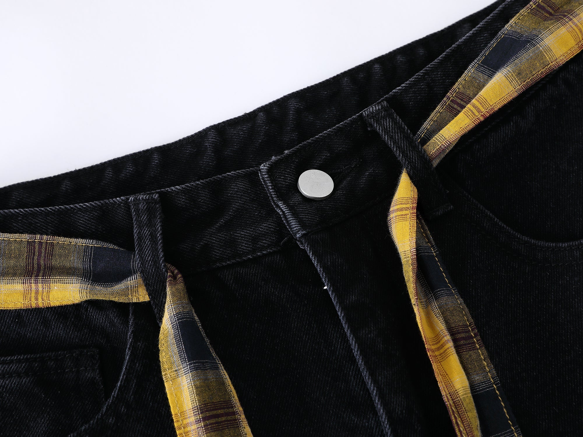Embroidered Wide-Leg Jeans with Detachable Plaid Belt