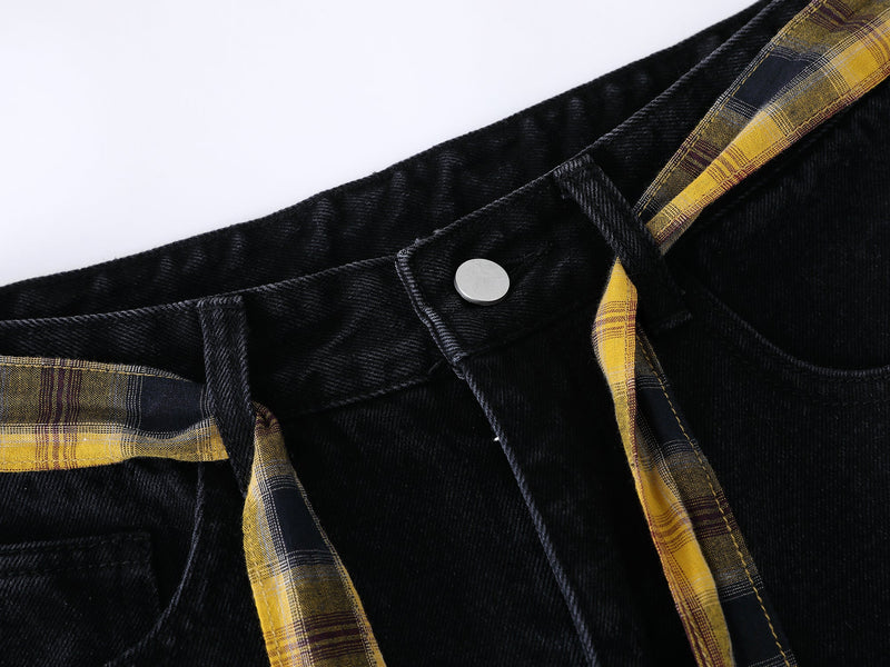Embroidered Wide-Leg Jeans with Detachable Plaid Belt