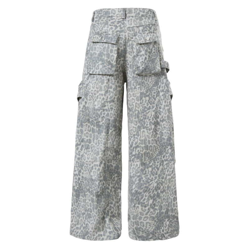 Leopard Print Utility Wide-Leg Cargo Pants with Rivets