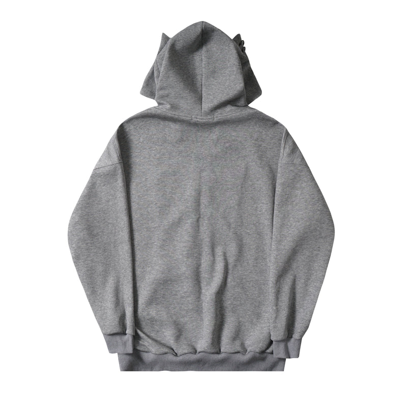Back view of a gray zip-up hoodie with cat ear hood and plain back