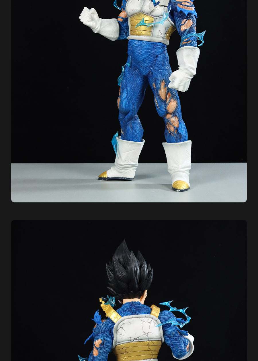 A two-part image features the Seakoff Vegeta Collectible Figure (45cm) in a blue and gold damaged armored suit. The top shows the front with a raised fist, while the bottom highlights its spiky black hair and detailed Super Saiyan forms from Dragon Ball Z. Includes 4 interchangeable heads.