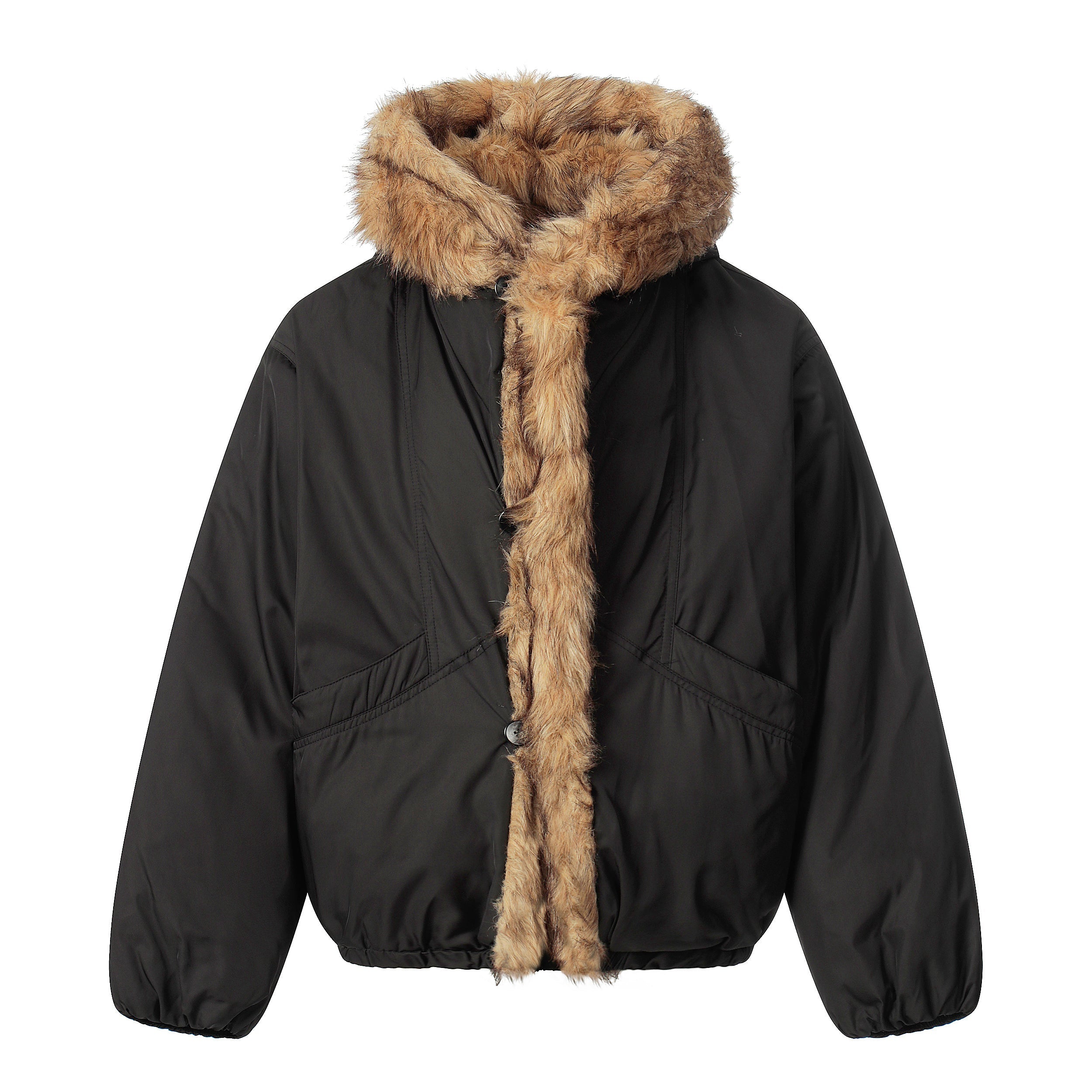 Faux Fur Trimmed Hooded Puffer Jacket | Army Green & Black