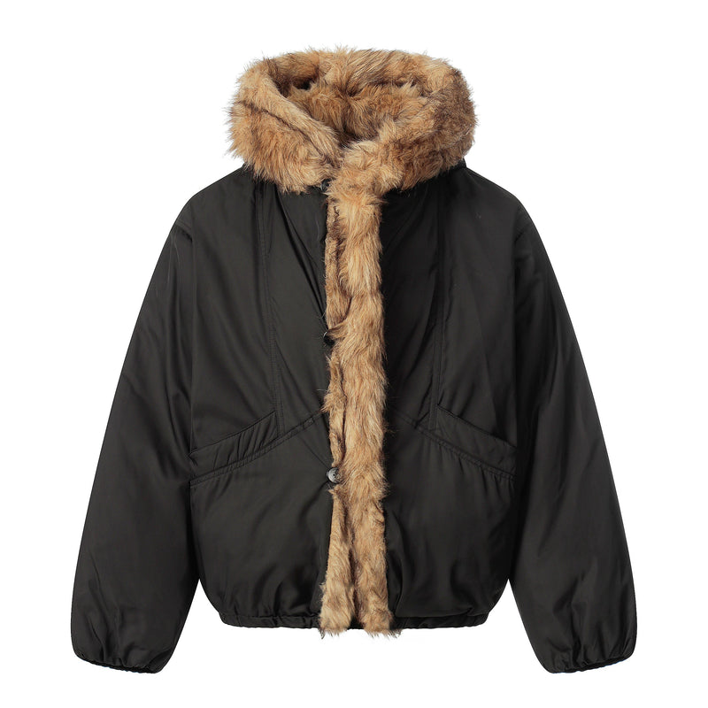 Faux Fur Trimmed Hooded Puffer Jacket | Army Green & Black