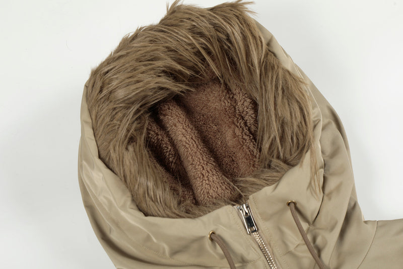 Faux Fur Hooded Nylon Bomber Jacket | Ruched Sleeve