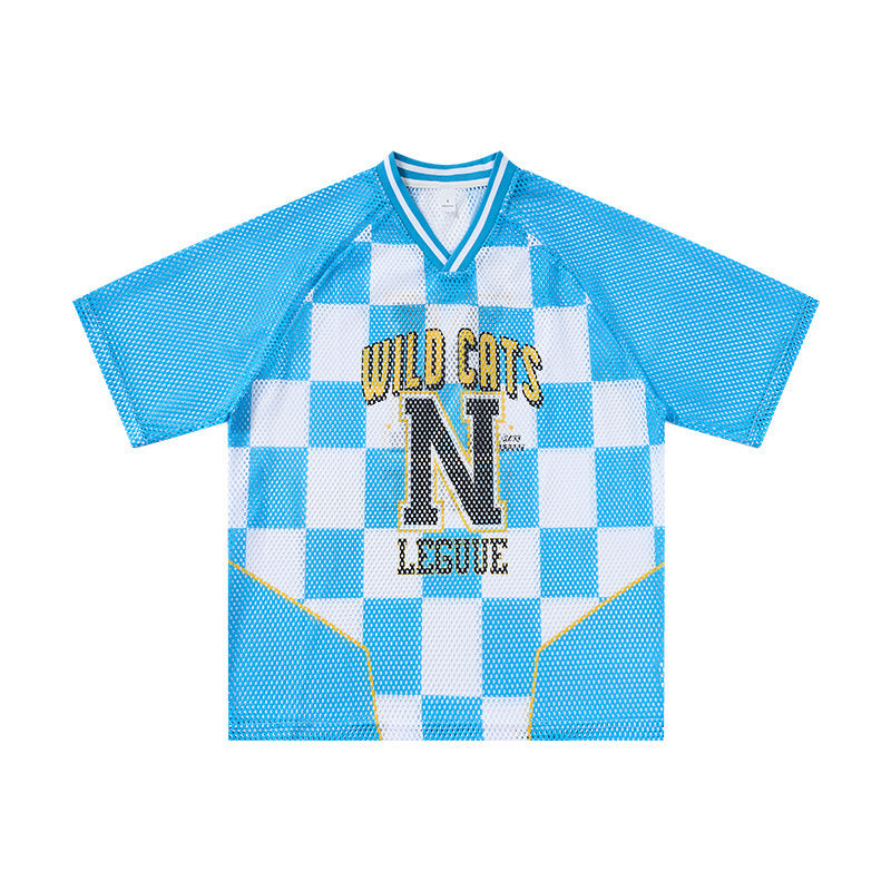 Blue and white checkerboard mesh jersey t-shirt with Wild Cats N League varsity graphic on the front