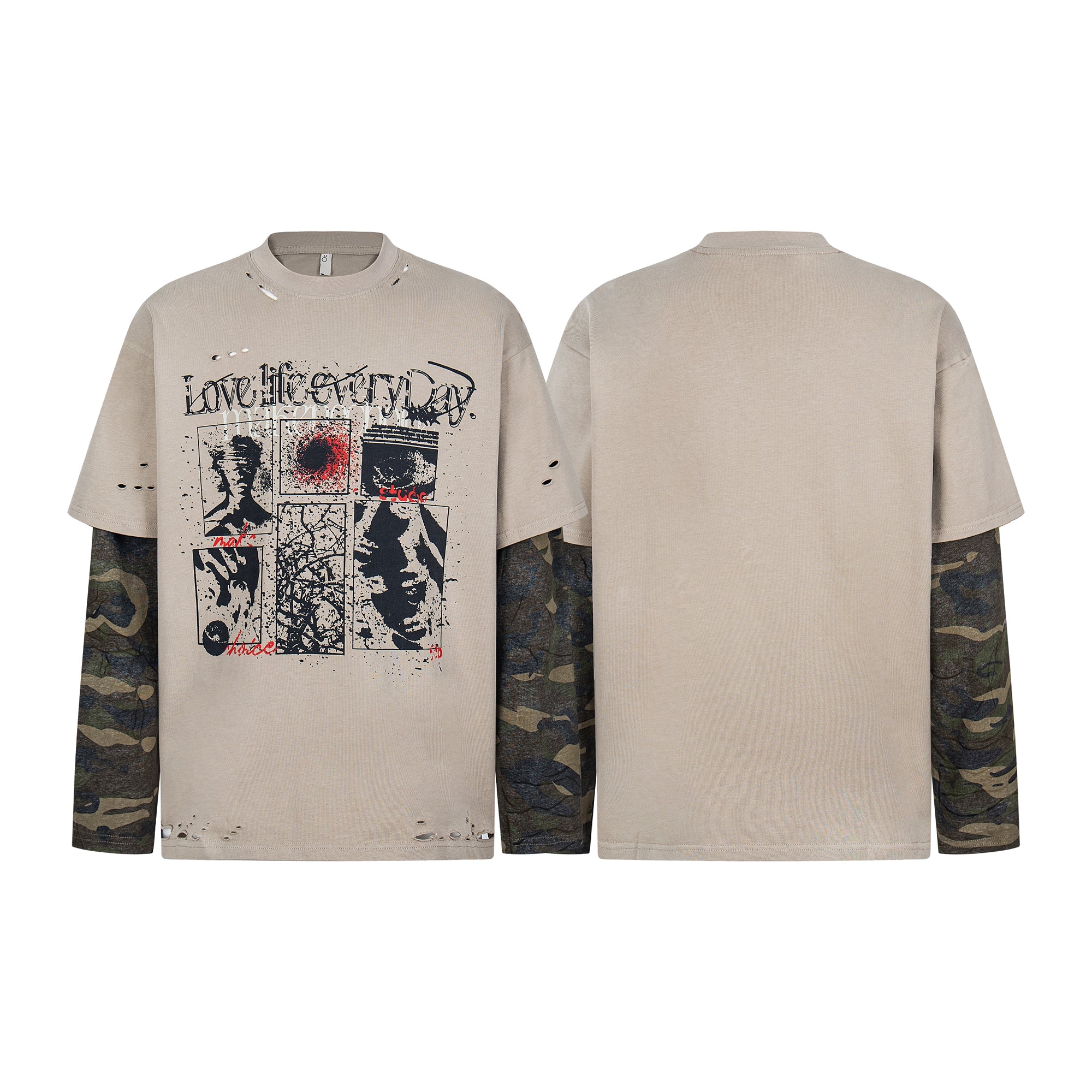 Front and back view of a sand-tone distressed graphic tee with attached camo long sleeves and collage-style punk print